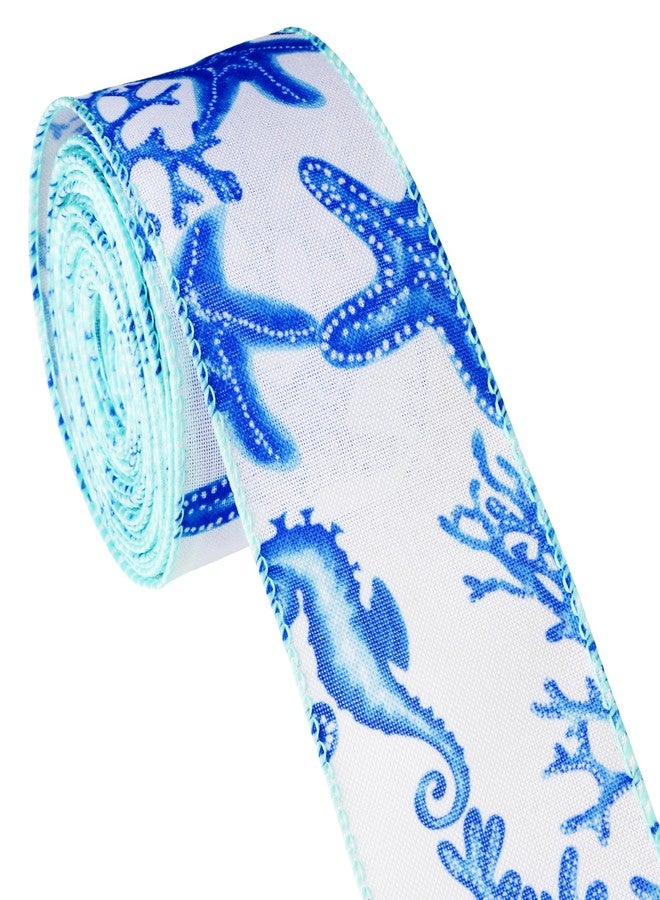 Meseey 10 Yards Spring Summer Ribbon Wired 2.5 Inch Sea Ocean Starfish Coral Beach Marine Ribbon for Party Gift Wrapping Outdoor Hanging Party Decoration Supplies (Blue Ribbon) - Image 2